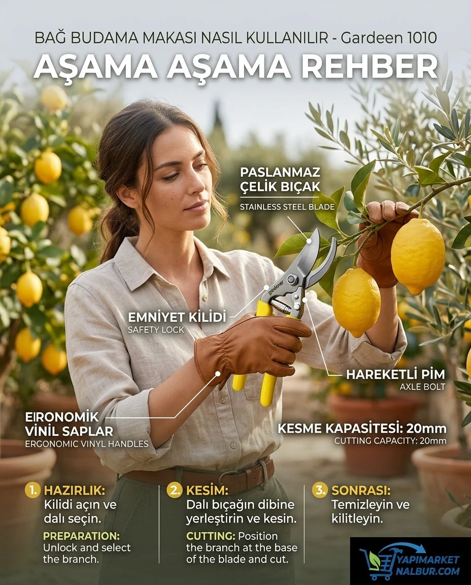 Yapı Market Nalbur sarı vinil saplı ve paslanmaz çelik bıçaklı 235 mm bağ budama makası.