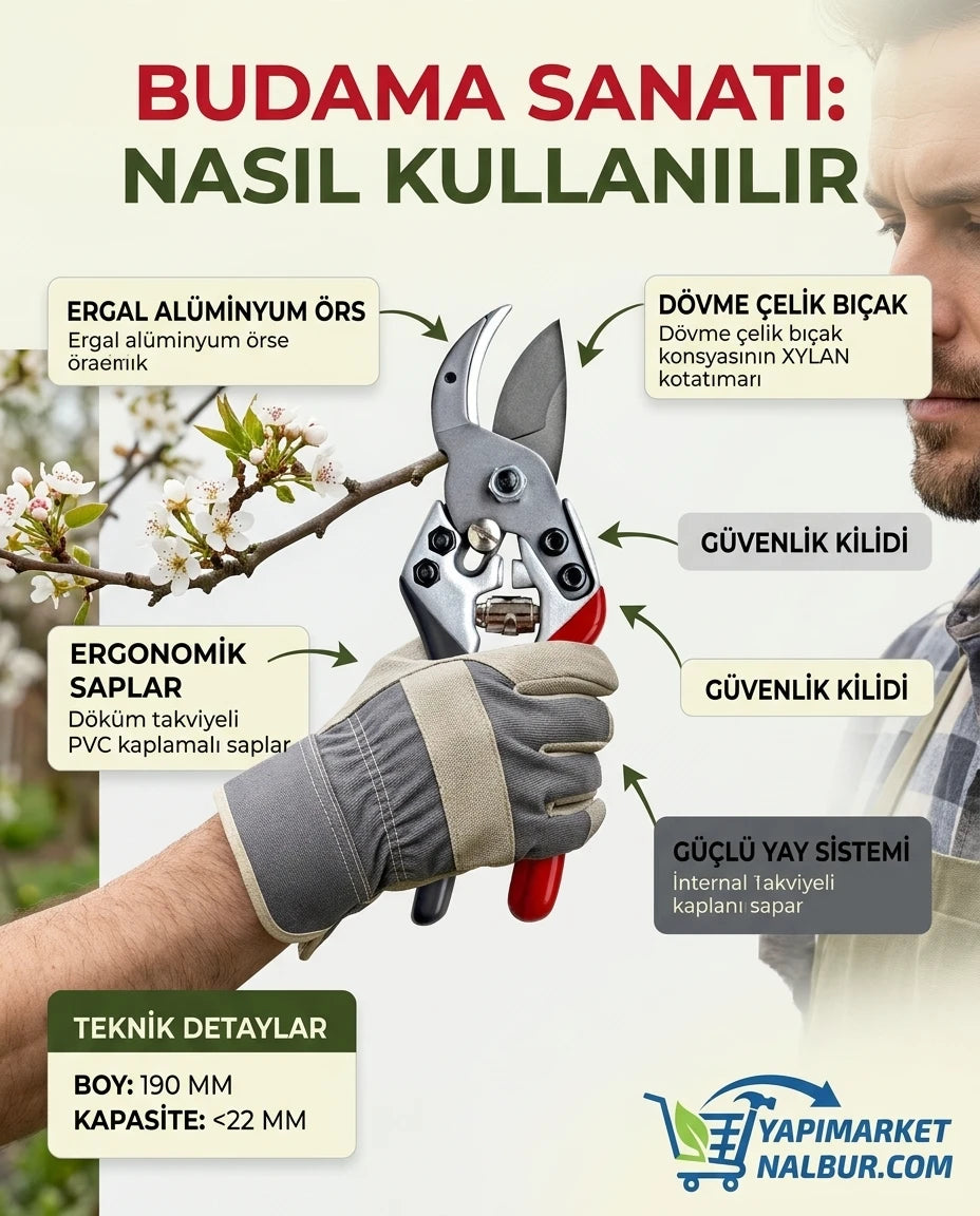 Yapı Market Nalbur 190 mm kırmızı gri ergonomik saplı, dövme çelik bıçaklı profesyonel budama makası.