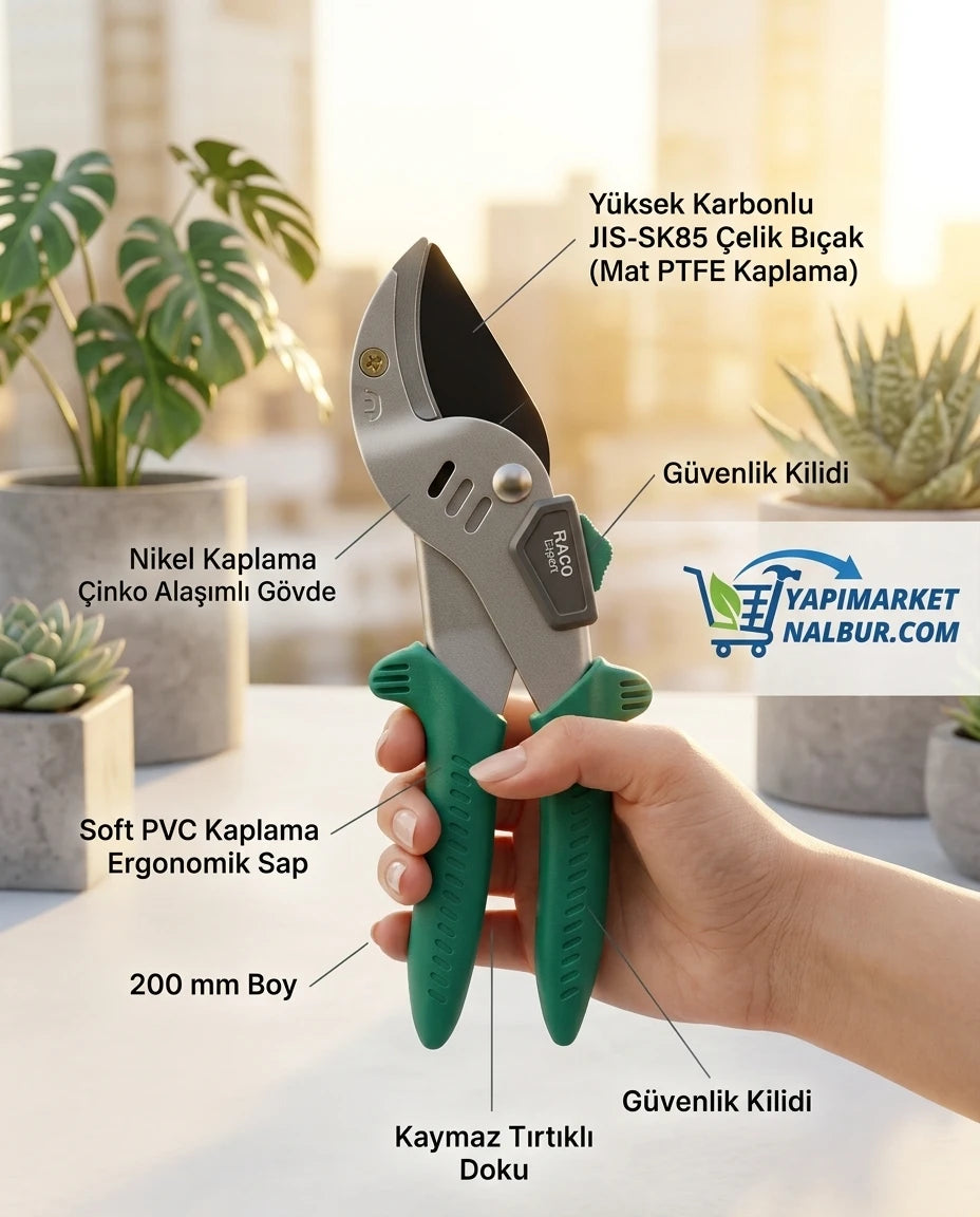 Yapı Market Nalbur yeşil ergonomik saplı, gümüş gövdeli ve siyah bıçaklı 200 mm budama makası.