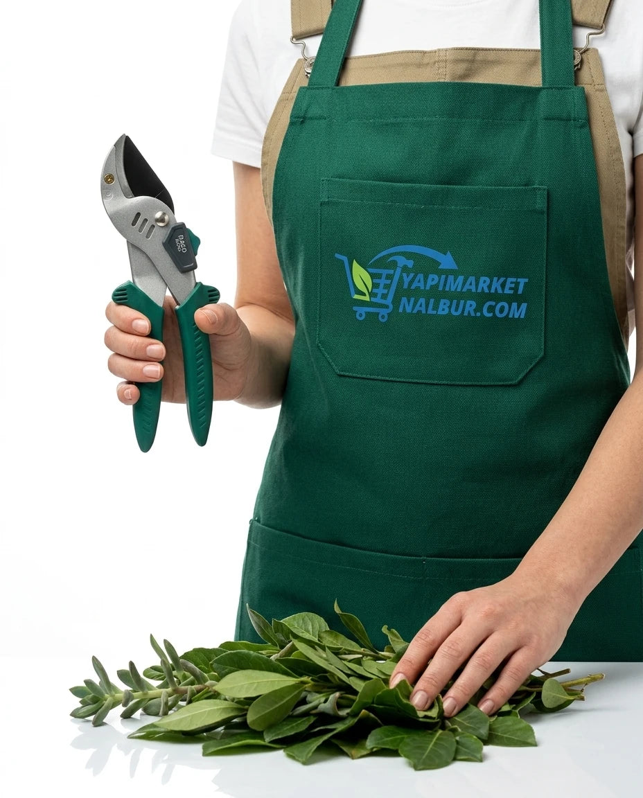 Yapı Market Nalbur yeşil saplı 20 cm budama makası yeşil önlüklü birinin elinde taze yapraklarla duruyor.