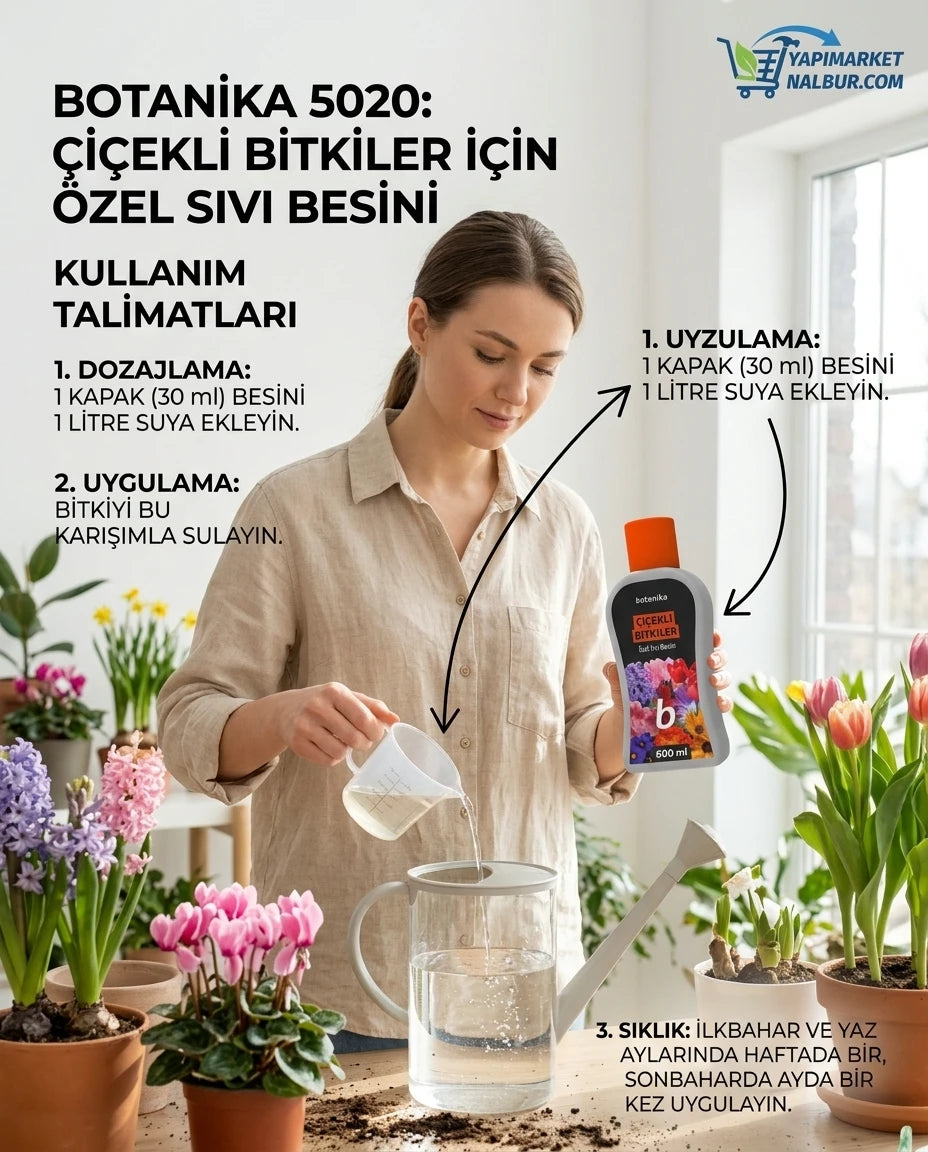 Yapı Market Nalbur turuncu kapaklı Botanika çiçekli bitkiler için 500 ml sıvı besini kullanım rehberi.