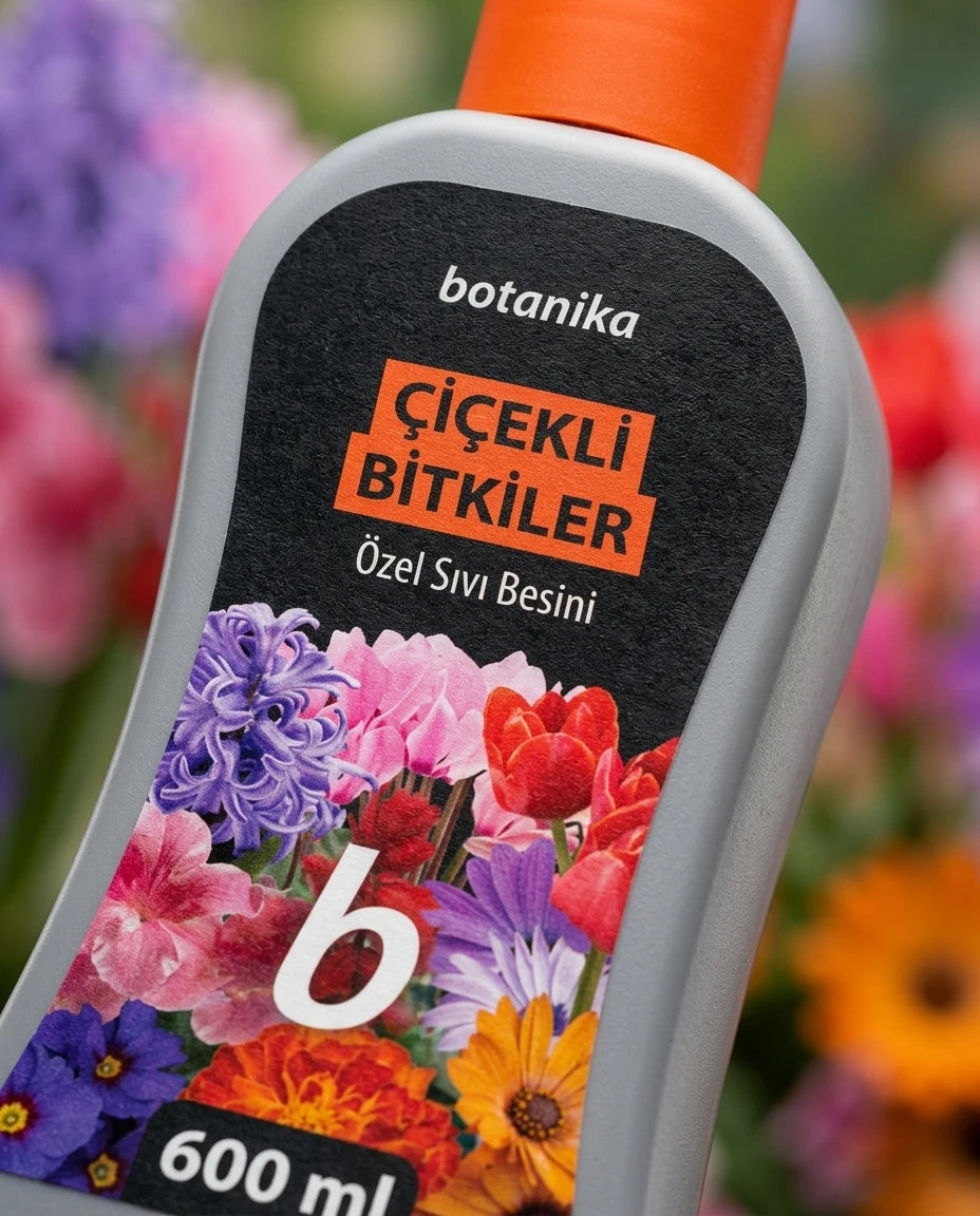 Yapı Market Nalbur gri şişeli, turuncu kapaklı Botanika 600 ml çiçekli bitkiler özel sıvı besini renkli çiçek desenli.