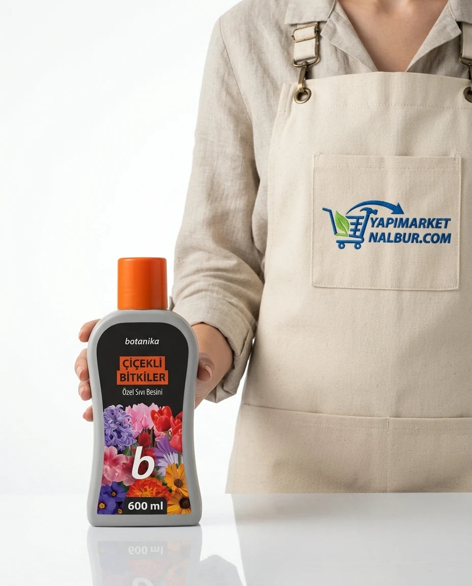 Yapı Market Nalbur önlüklü birinin tuttuğu gri şişeli, turuncu kapaklı Botanika 600 ml çiçekli bitkiler sıvı besini.