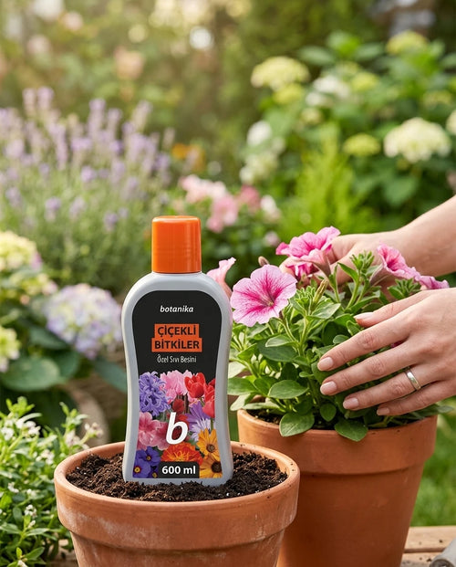 Botanika 600 ml turuncu kapaklı çiçekli bitkiler özel sıvı besini, bahçede saksı toprağı üzerinde duruyor.