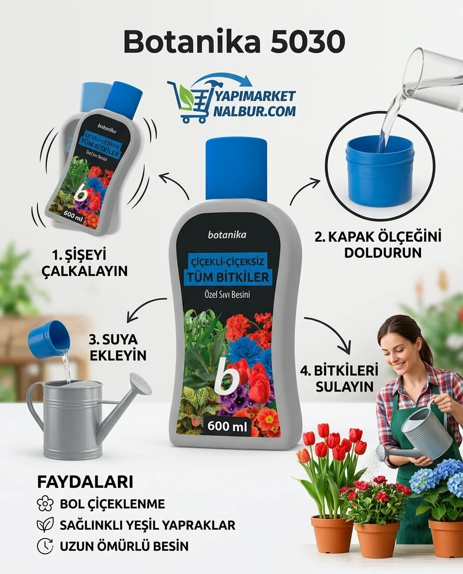 Yapı Market Nalbur gri şişeli ve mavi kapaklı 600 ml Botanika bitki besini adım adım kullanım kılavuzu.