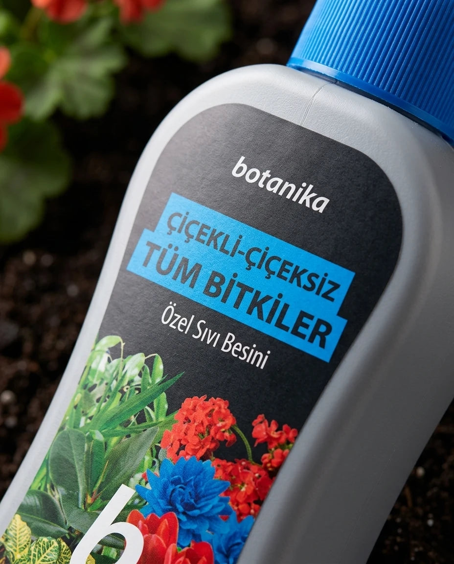 Mavi kapaklı gri şişede, üzerinde çiçek çizimleri olan Botanika çiçekli çiçeksiz tüm bitkiler için özel sıvı besini.