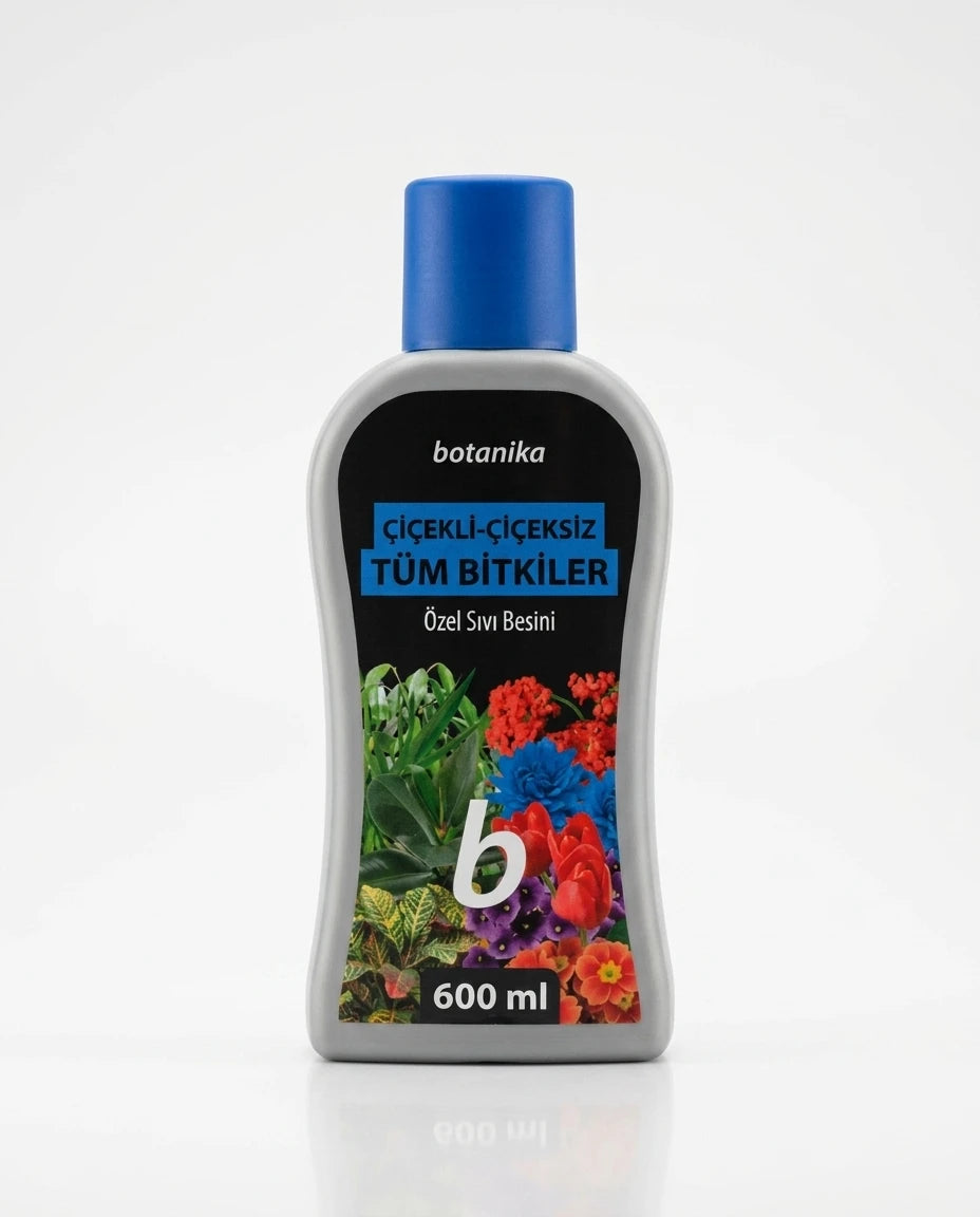 Mavi kapaklı gri şişede Botanika 600 ml tüm bitkiler için sıvı besini renkli çiçekli siyah etiketle sunuluyor.
