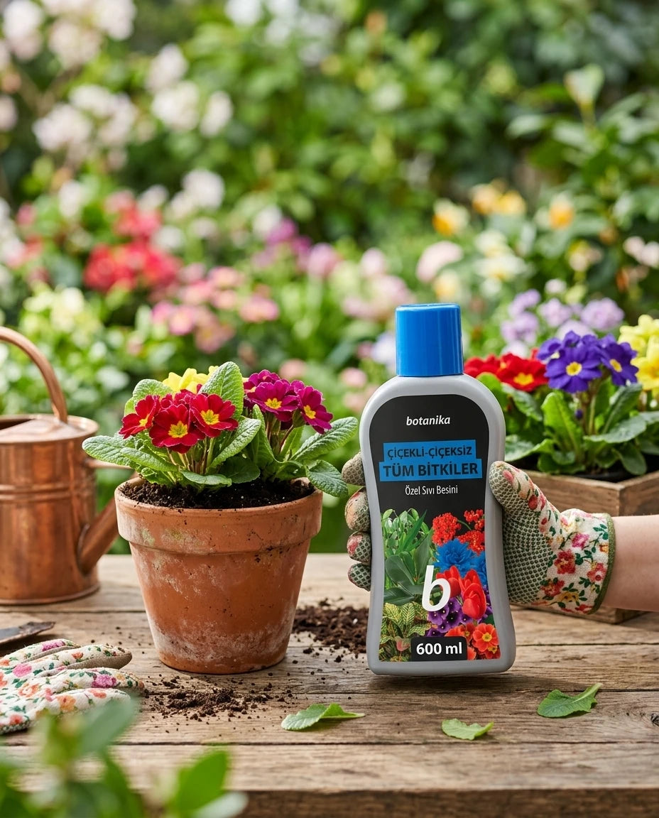 Mavi kapaklı gri Botanika 600 ml tüm bitkiler için özel sıvı besini saksıdaki renkli çiçeklerin yanında tutuluyor.