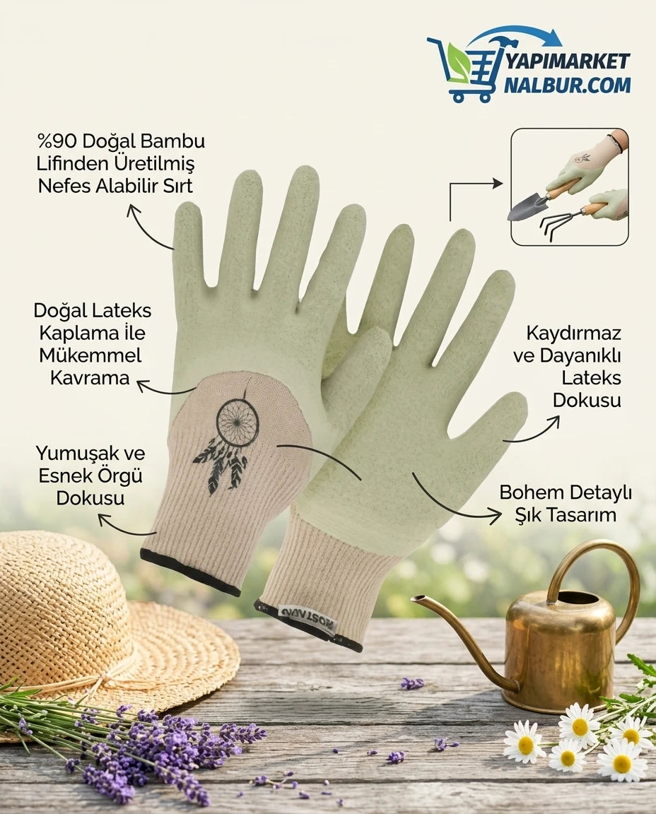 Yapı Market Nalbur yeşil ve bej renkli, düş kapanı desenli bohem lateks bahçe eldiveni.