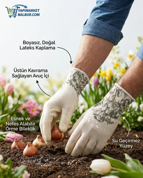 Yapı Market Nalbur floral desenli krem lateks bahçe eldiveni ile toprakta çiçek soğanı eken eller.
