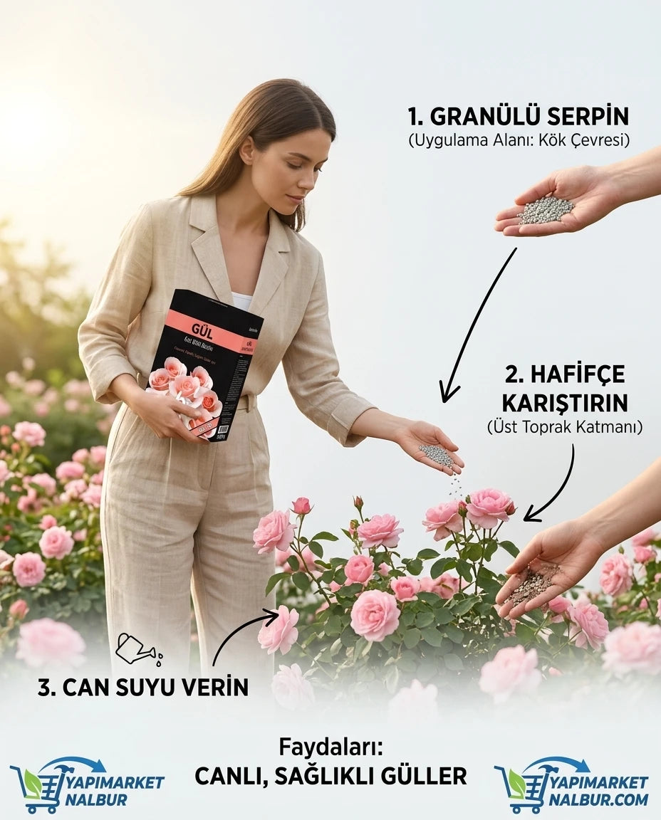Yapı Market Nalbur siyah ambalajlı granül gül katı bitki besini ile yeşil yapraklı pembe güllerin gübrelenme adımları.