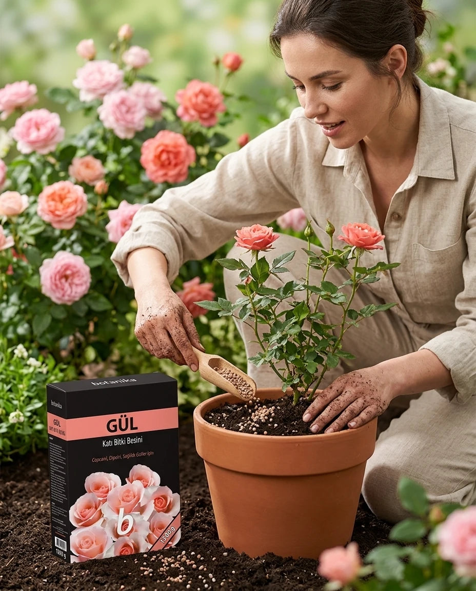 Yapı Market Nalbur 1200g siyah kutulu gül için granül katı besinin saksıdaki pembe güle ahşap kaşıkla dökülmesi.