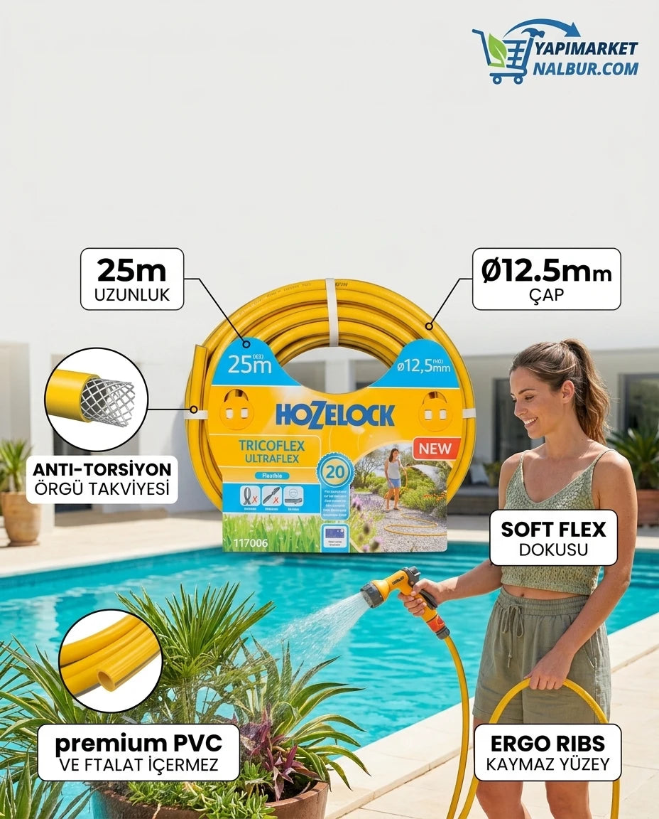 Yapı Market Nalbur sarı renkli Hozelock 25 m bahçe hortumu, 12.5 mm çapı ve bükülmez örgü takviyeli tasarımıyla.