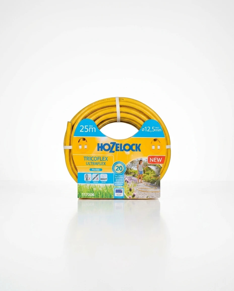 Hozelock Tricoflex Ultraflex 25 metre uzunluğunda ve 12.5 mm çapında sarı renkli rulo bahçe hortumu.