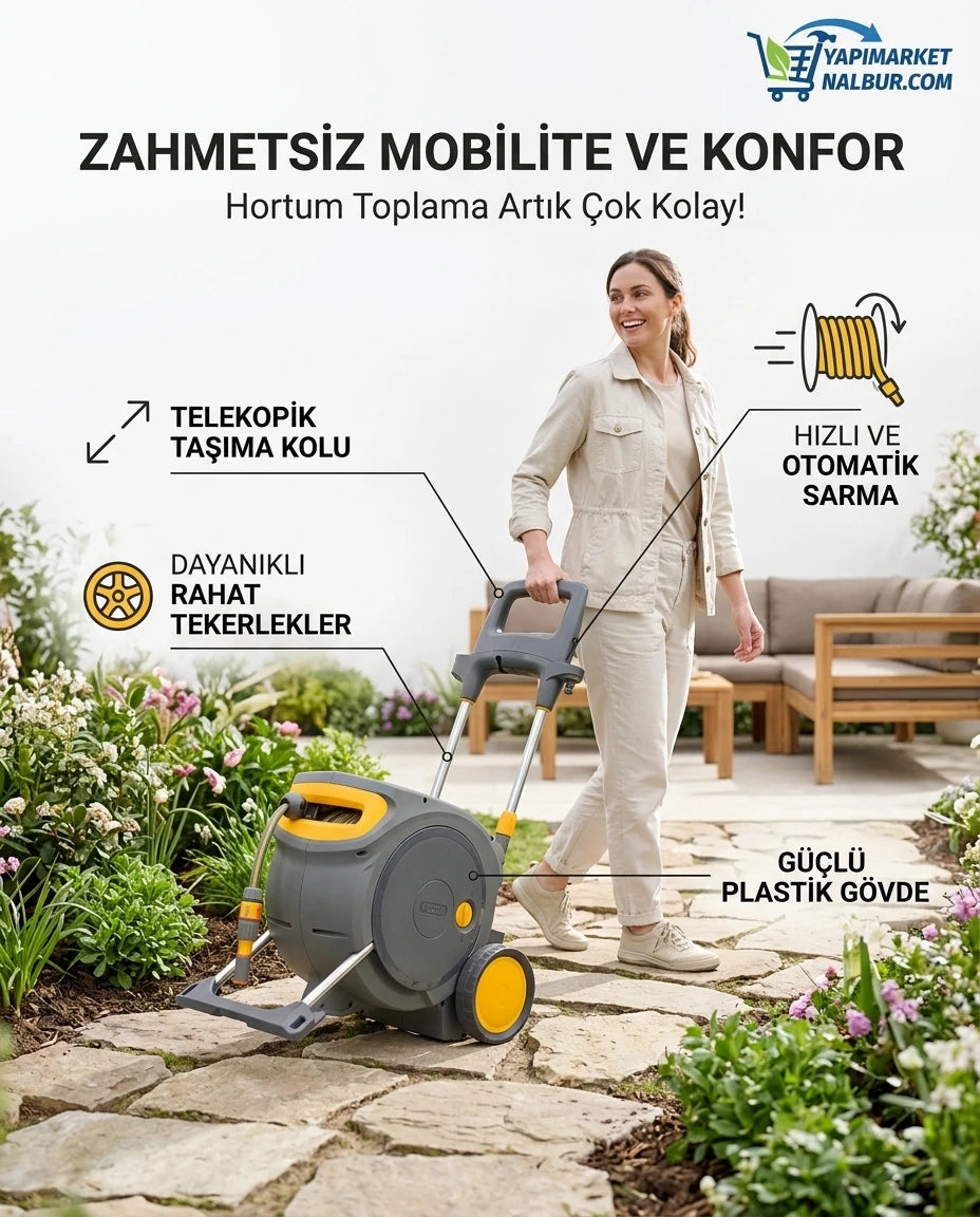 Yapı Market Nalbur gri ve sarı tekerlekli, teleskopik kollu otomatik geri sarmalı hortum toplama seti.
