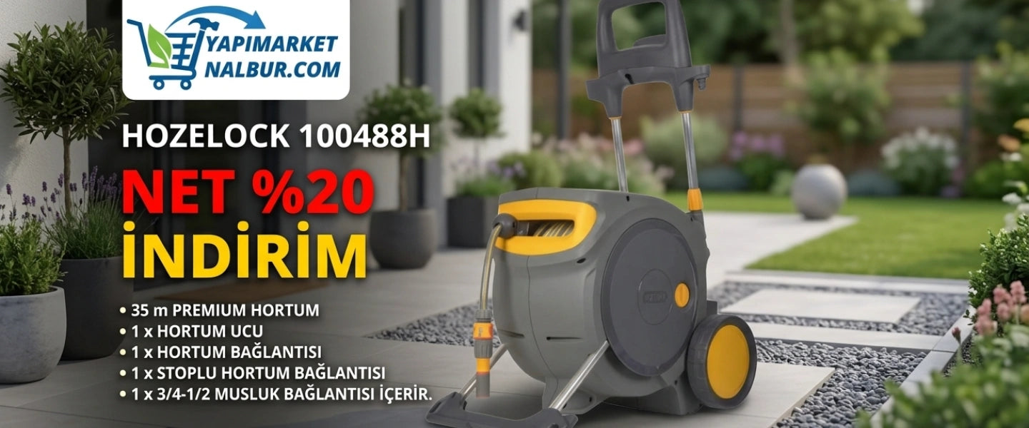 Yapı Market Nalbur'da Hozelock 100488H tekerlekli hortum makarasında net %20 indirim kampanyası başladı.