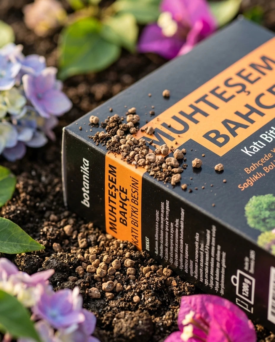 Toprakta duran siyah turuncu Botanika Muhteşem Bahçe 1200g katı bitki besini kutusu ve kahverengi gübre tanecikleri.