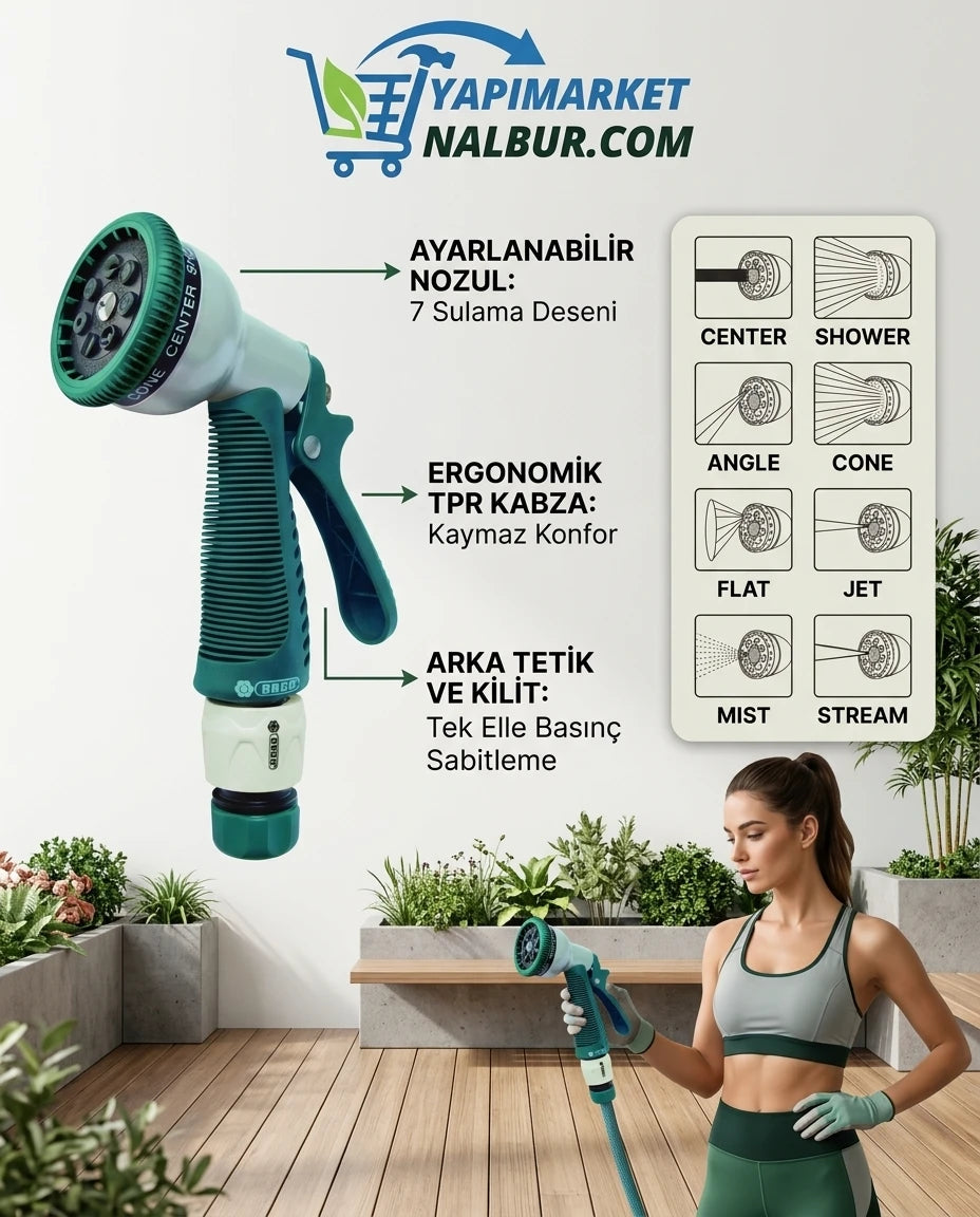 Yapı Market Nalbur yeşil gri, ergonomik kabzalı ve 7 fonksiyonlu metal bahçe hortum tabancası.