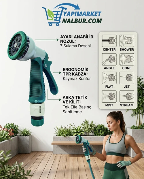 Yapı Market Nalbur yeşil gri, ergonomik kabzalı ve 7 fonksiyonlu metal bahçe hortum tabancası.