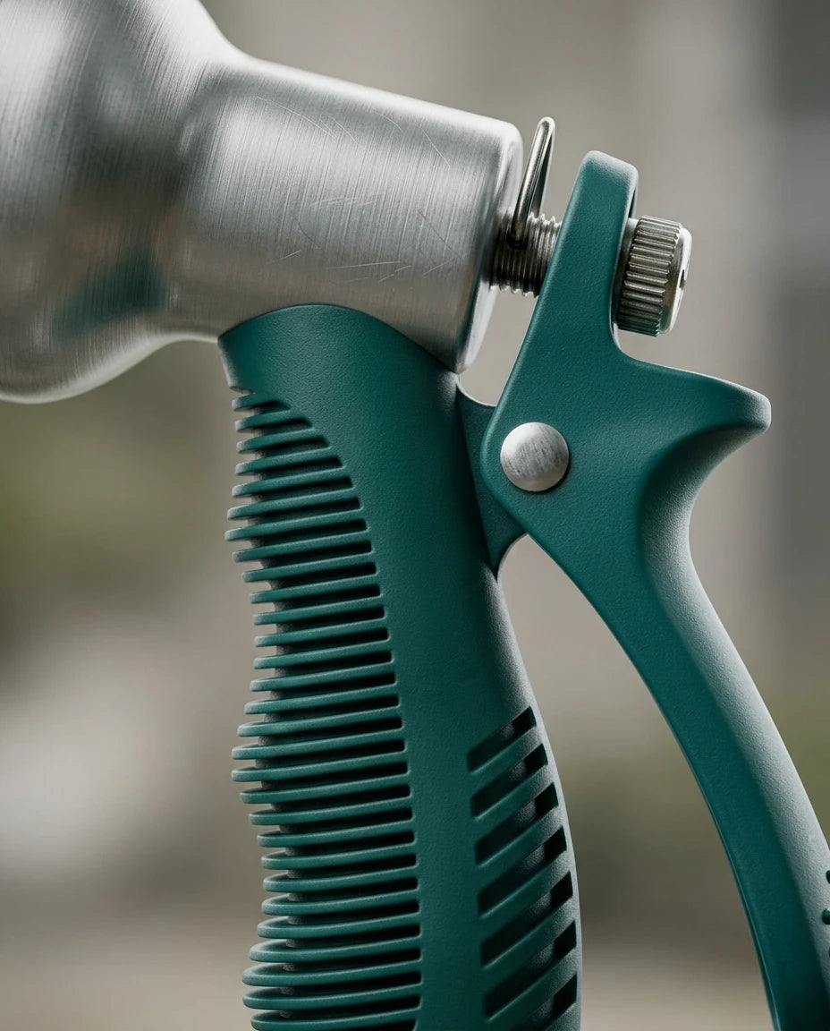 Yapı Market Nalbur yeşil tırtıklı saplı ve paslanmaz metal gövdeli ergonomik bahçe hortum tabancası.