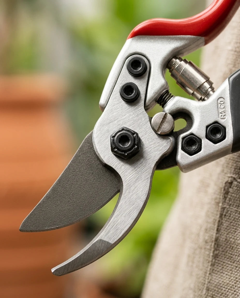 Yapı Market Nalbur 220 mm kırmızı siyah saplı Pro-Cut dövme çelik bypass budama makasının metal bıçak ve cıvata detayı.