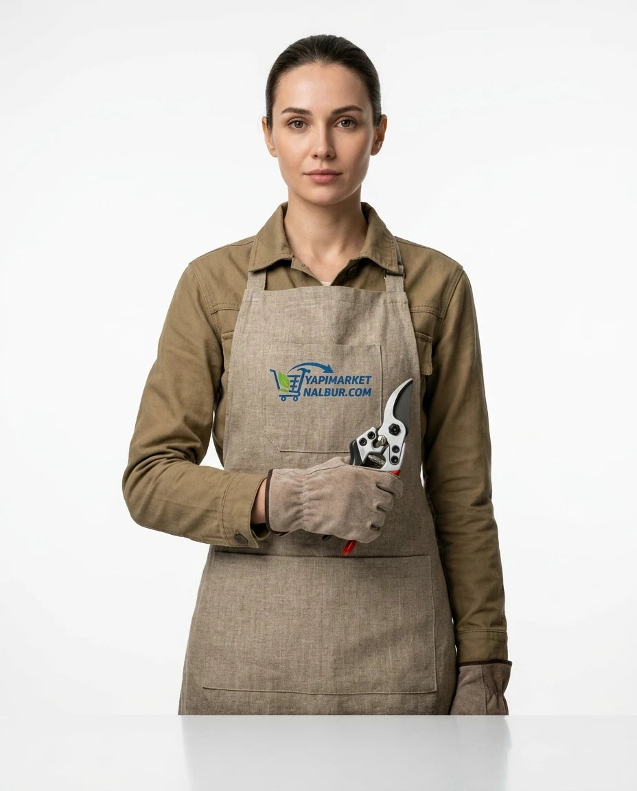 Yapı Market Nalbur Pro-Cut gümüş dövme çelik kırmızı siyah saplı 220 mm bypass budama makası eldivenli elle tutuluyor.