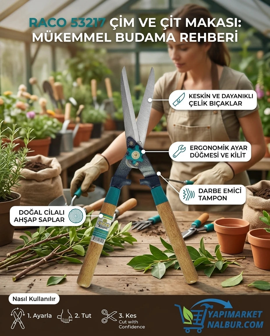 Turkuaz detaylı, ahşap saplı Raco 53217 çim ve çit makası, 550 mm boyutu ve çelik bıçaklarıyla Yapı Market Nalbur'da.