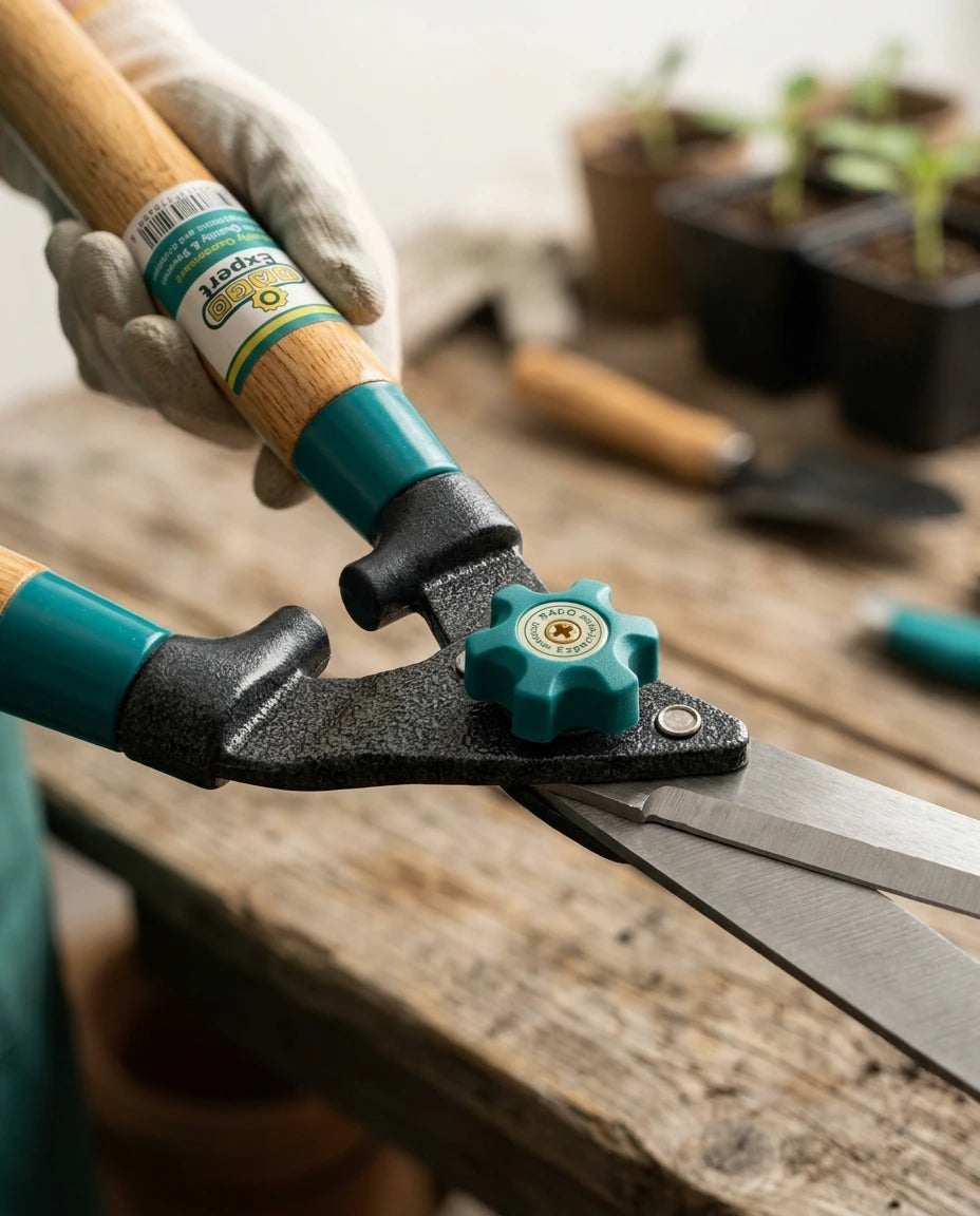 Yapı Market Nalbur Raco 53217 ahşap saplı, turkuaz ayar vidalı 550 mm çim ve çit makasının metal makas birleşim noktası.