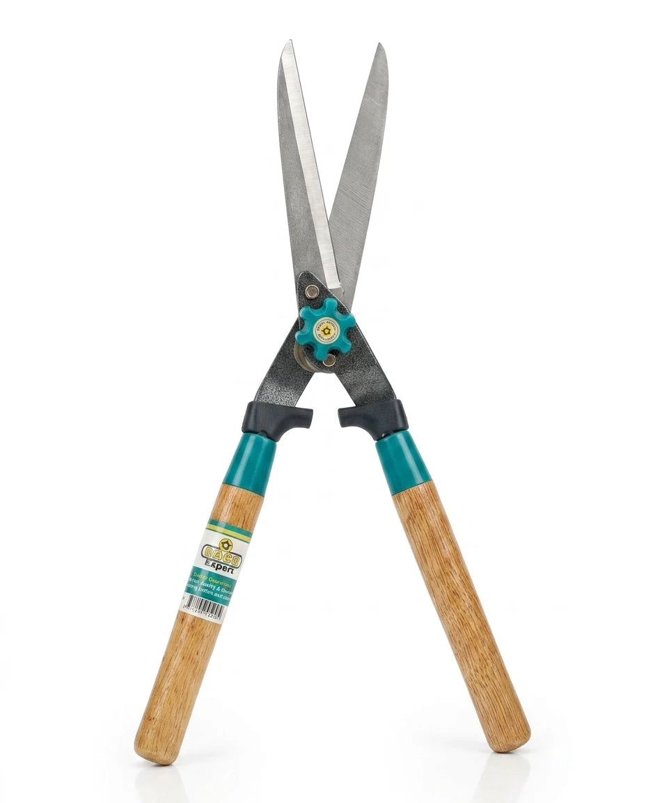 Raco 53217 ahşap saplı, turkuaz ayar vidalı, keskin metal bıçaklı 550 mm çim ve çit makası.