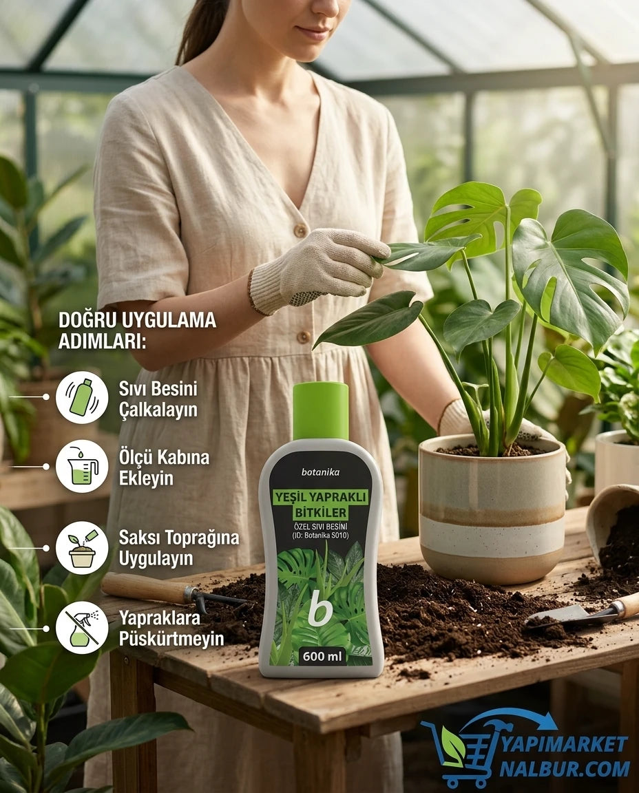 Yapı Market Nalbur yeşil kapaklı Botanika 600 ml yeşil yapraklı bitki besini ve kullanım adımları.