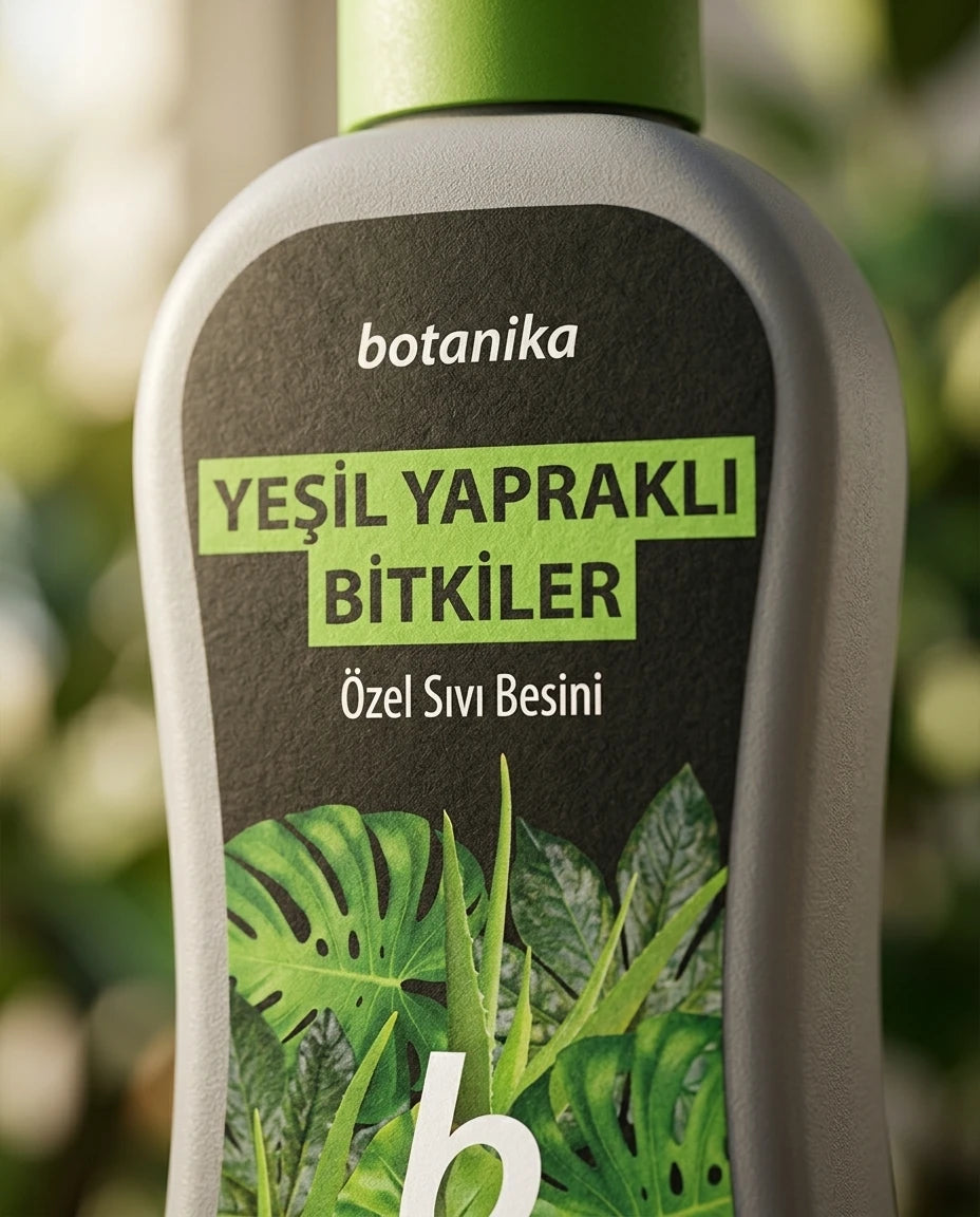 Botanika yeşil yapraklı bitkiler için özel sıvı besini yeşil yaprak desenli siyah etiketli gri şişede.