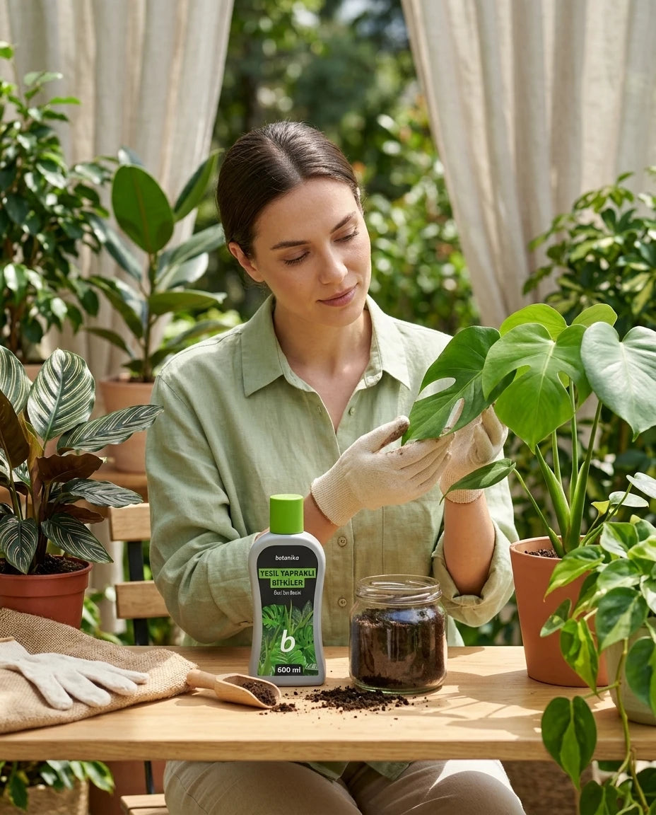 Yapı Market Nalbur 500 ml yeşil yapraklı bitki sıvı besini, gri ambalajı ve yeşil kapağıyla bitki bakım masasında.